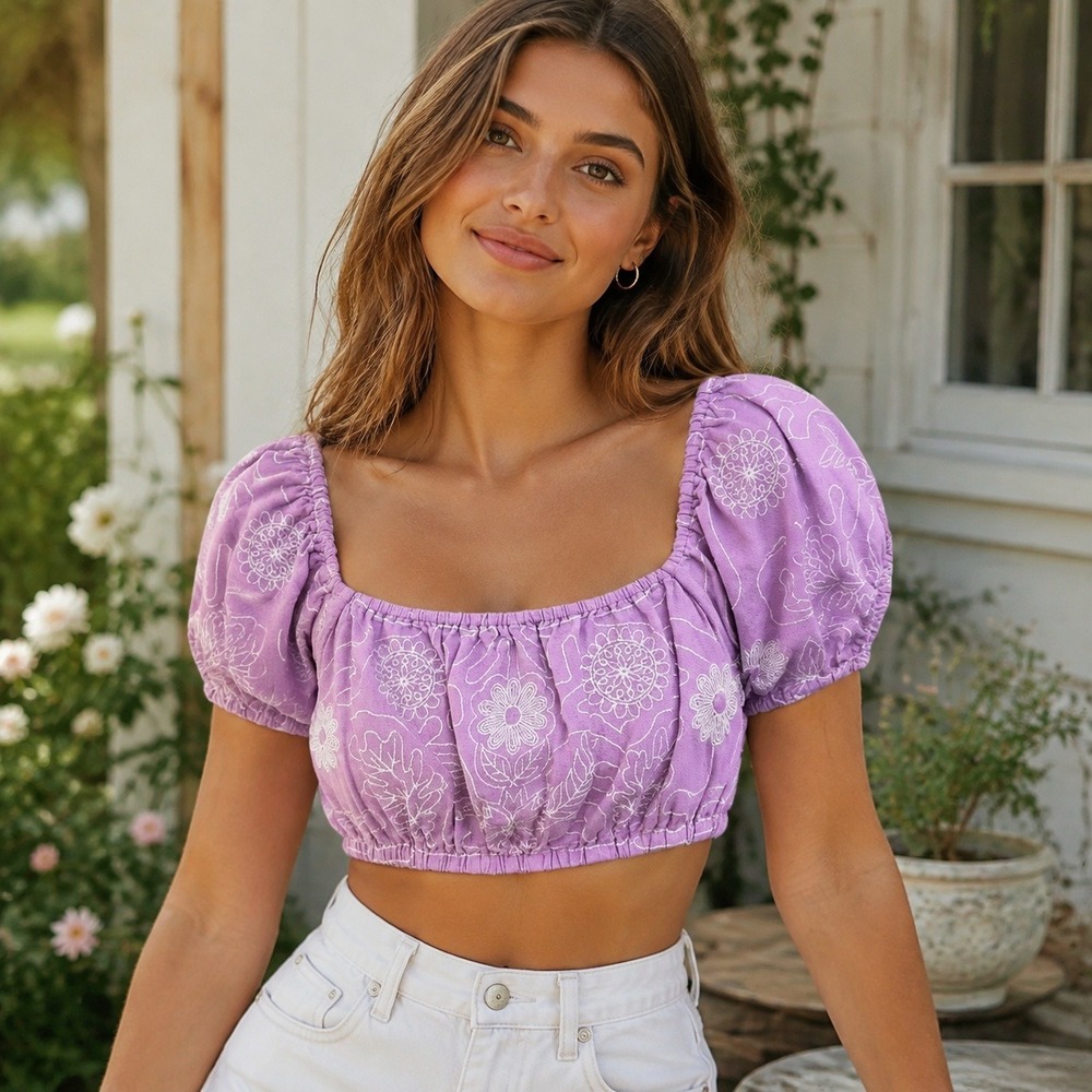 Free People Lotus Crop Top XS Purple Floral Embroidery Puff Sleeve Cottagecore